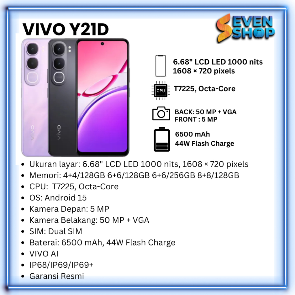 VIVO Y21D RAM 4+4/128GB 6+6/128GB 6+6/256GB 8+8/128GB GARANSI RESMI 12 BULAN