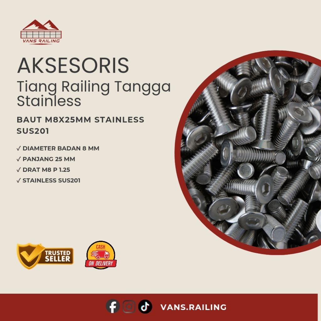 Baut stainless M8x25MM /Baut M8x25MM Stainless SUS201 & SUS304