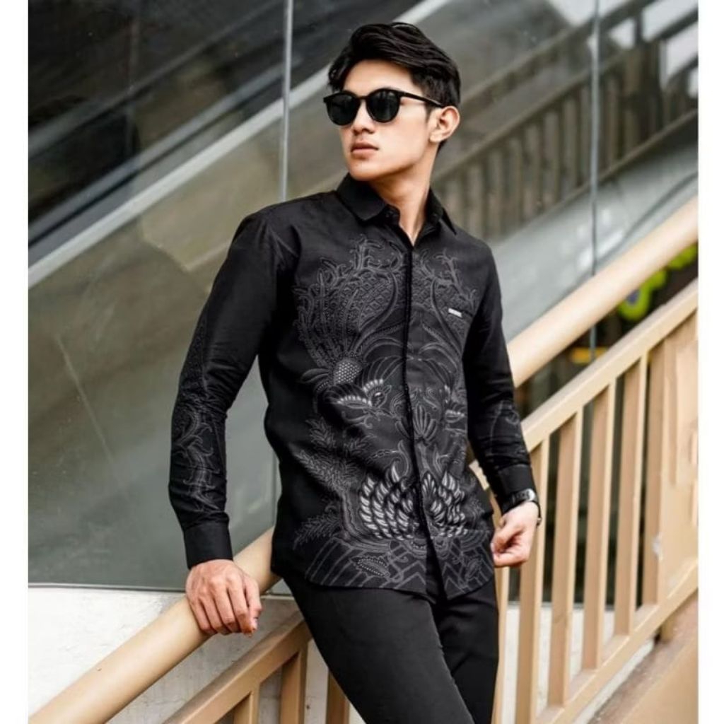 Batik Pria hitam kemeja Lengan Panjang Katun Baju Batik Pria Lengan Panjang Reguler Premium Kemeja K