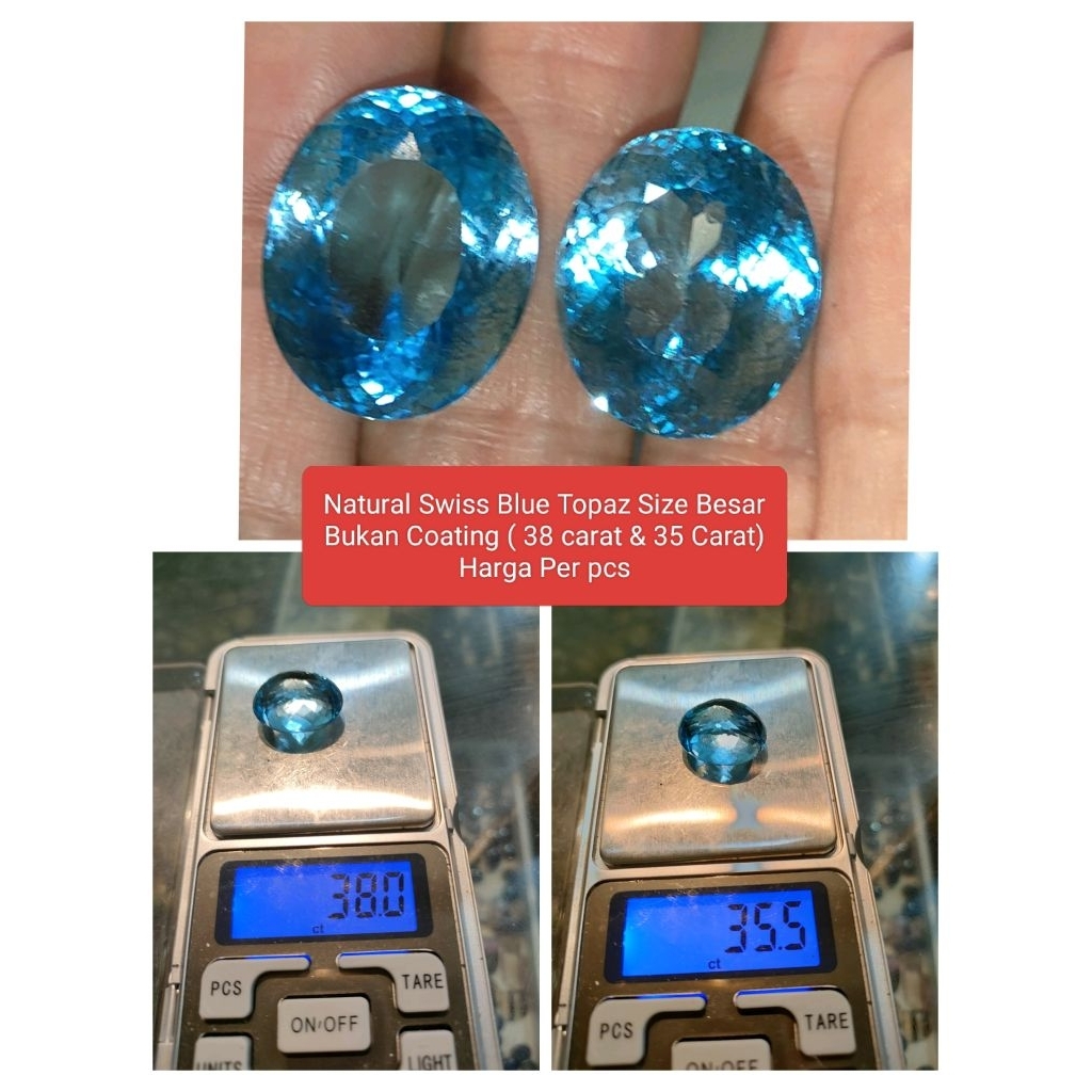 Natural Swiss Blue Topaz Size Besar Bukan Coating ( 38 carat & 35 Carat) Harga Per pcs - Gratis Memo