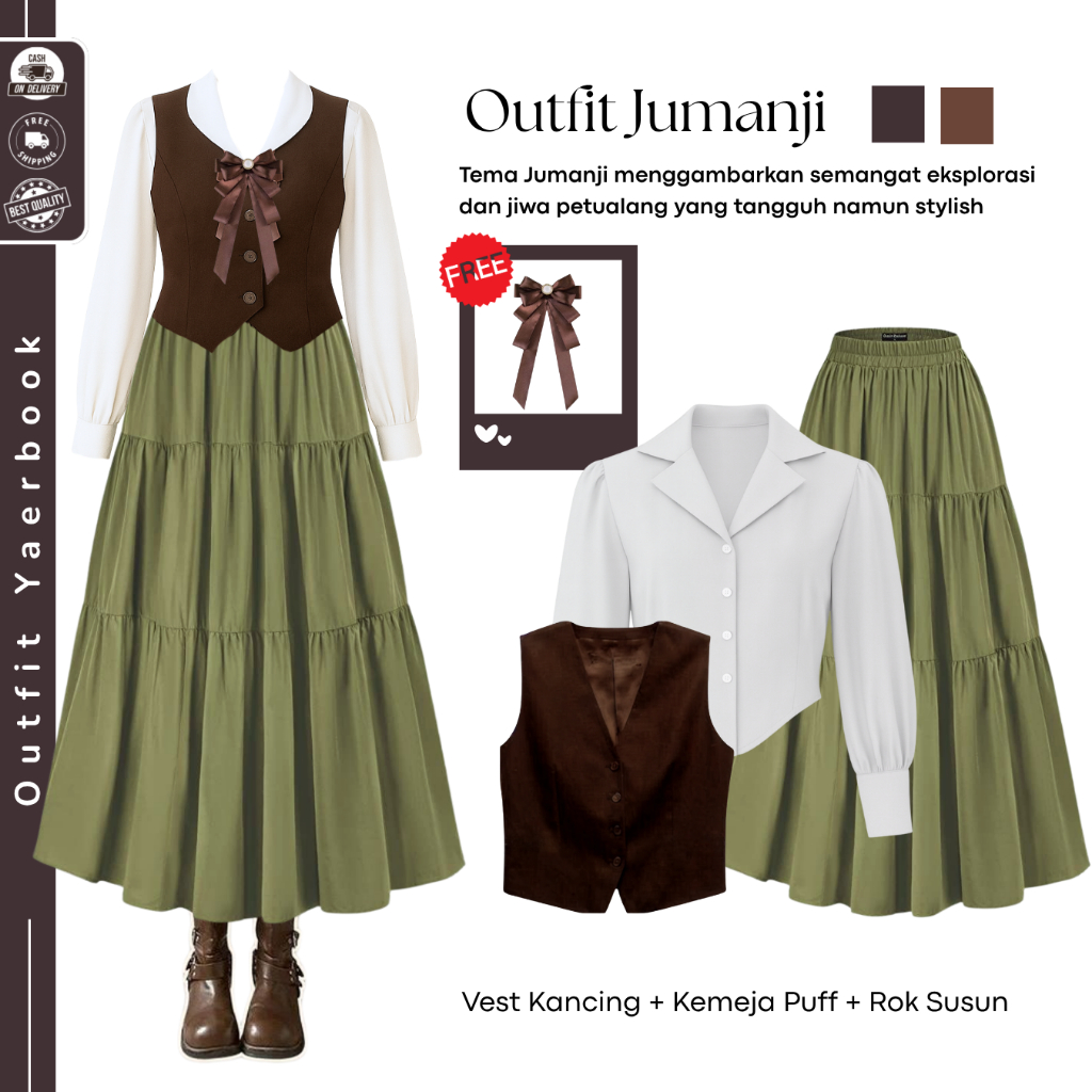 Setelan Ootd Yearbook Jumanji (Vest Kancing + Kemeja Puff + Rok Susun) OOTD Yearbook Kekinian Viral 