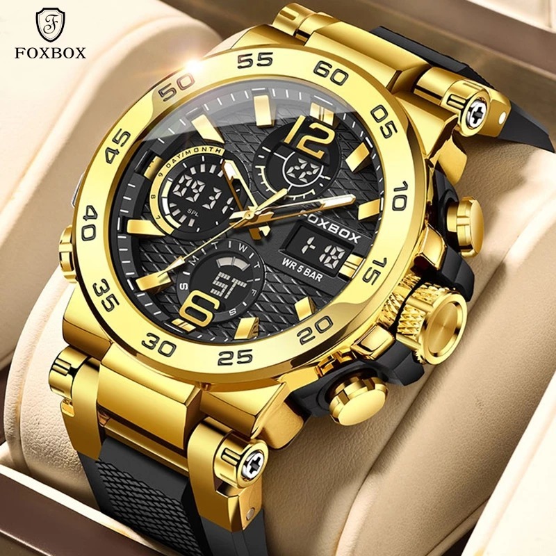 FOXBOX Original Jam Tangan Pria Anti Air Dual Display Sport Jam Tangan LIGE Digital Tali Silikon Kua
