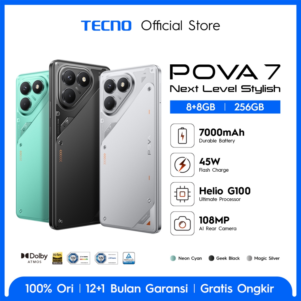 TECNO POVA 7 8+8GB*/256GB, 7000 mAh, Mediatek Helio G100 Ultimate, 120Hz Vivid Display , 108MP + 2MP