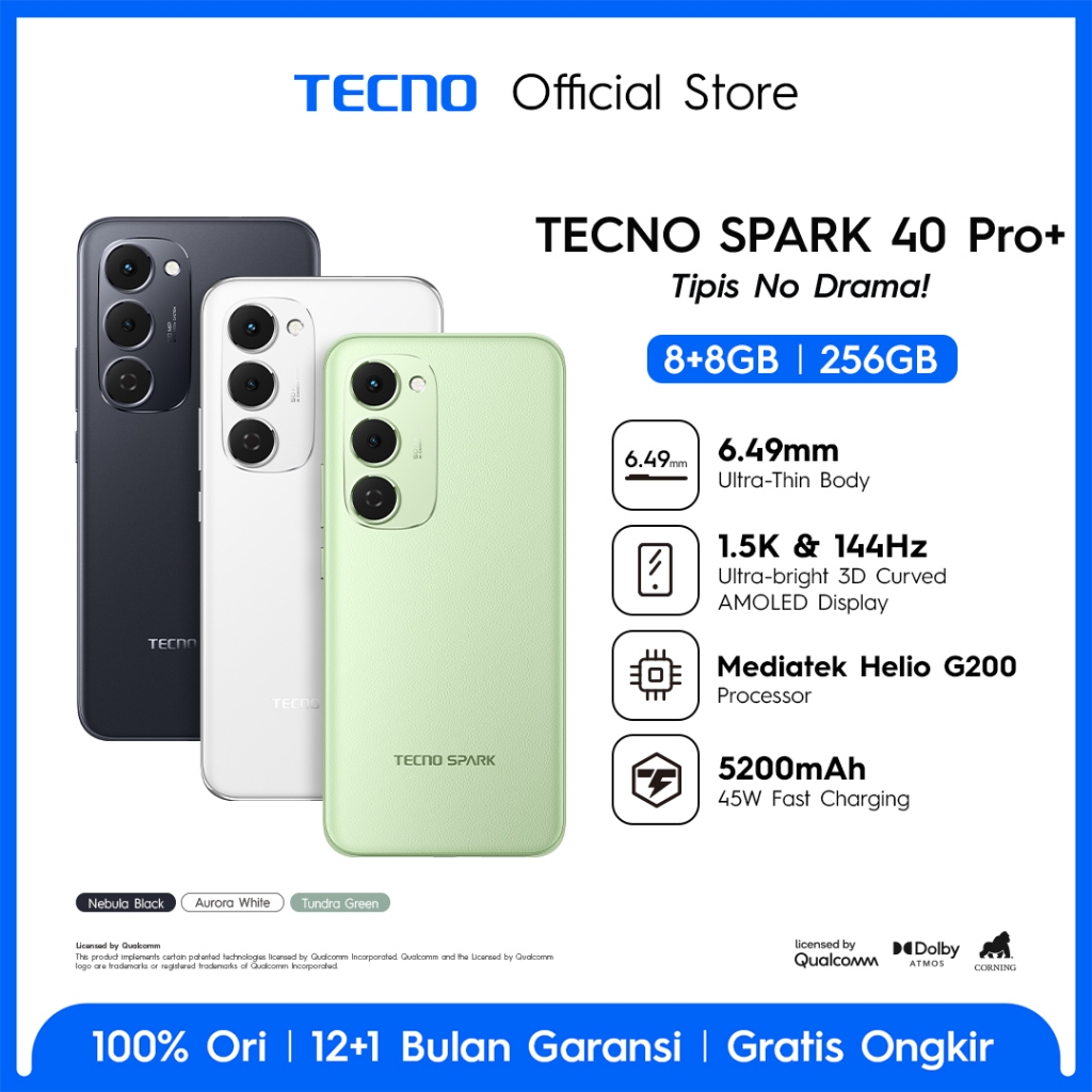 TECNO SPARK 40 Pro+ - 8+8GB*/256GB, Mediatek Helio G200, 30W Wireless Charge, 1.5K & 144Hz 3D Curved AMOLED Display, Ultra Thin Body, 5200mAh+45W Fast Charge, IP64 - spark40proplus - Gambar 2