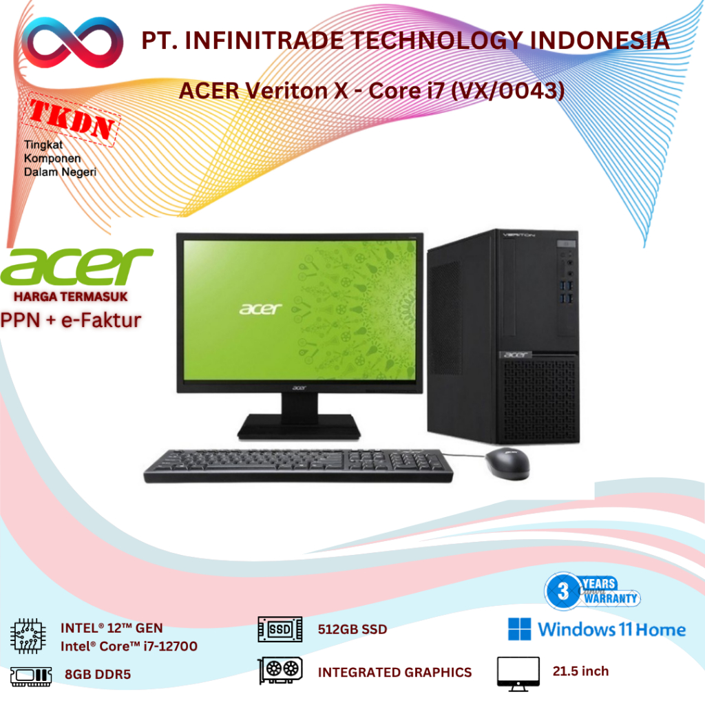 ACER VERITON X - CORE i7 (VX/0043) i7-12700 8GB 512GB INTEL WINDOWS 11 + LCD 21.5 INCH - 3 YEAR