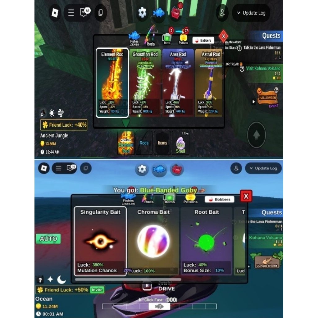 Akun Fish it - Element Rod, Ghostfinn Rod dan Singularity boober