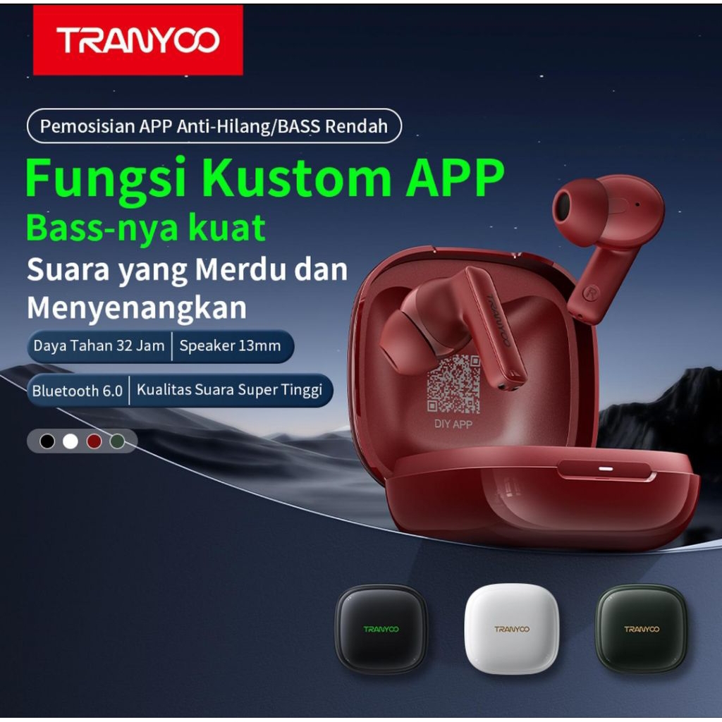 TWS TRANYOO T-M10 Earbuds Bluetooth 6.0 with smart aplication