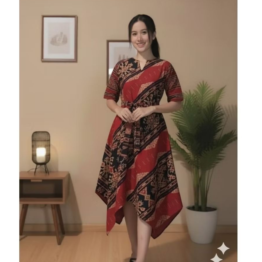 dress tenun Jepara model lancip tali pinggang