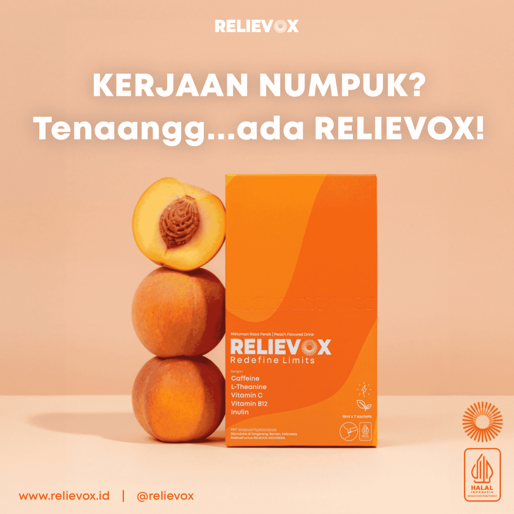 1 Box RELIEVOX Teman Lemburmu Malam Ini – 18ml Sachet Siap Minum – Caffeine, L-Theanine, Vitamin C &