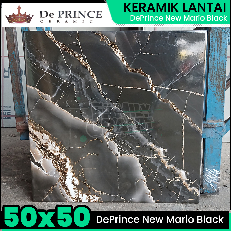 Keramik Lantai 50x50 DePrince New Mario Black Motif Marmer Hitam Glossy