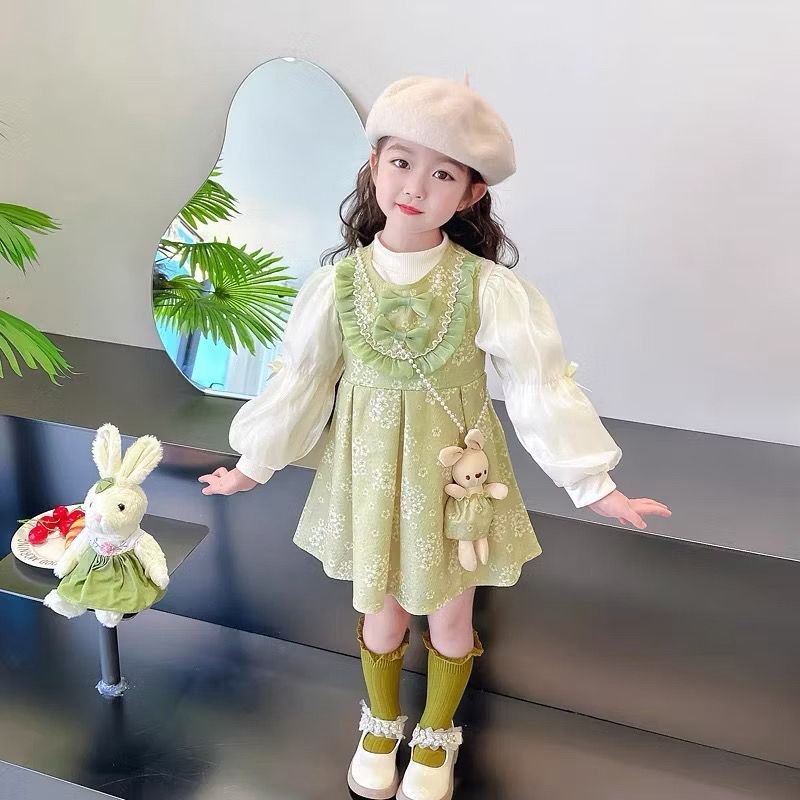 Dress Flower Anak Perempuan Usia 1-4 Tahun | Baju Katun Lengan Panjang Serut Pita Kombinasi Outer Dr