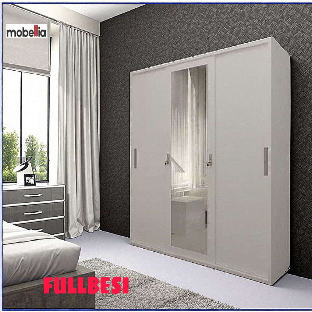 Lemari besi pakaian 3 pintu sliding minimalis putih