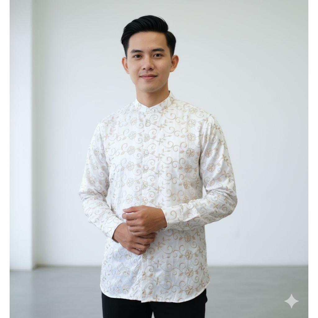 ASB Kemeja Pria Lengan Panjang Kerah Shanghai Putih Bordir Emas Slim Fit (Baju Koko Modern)