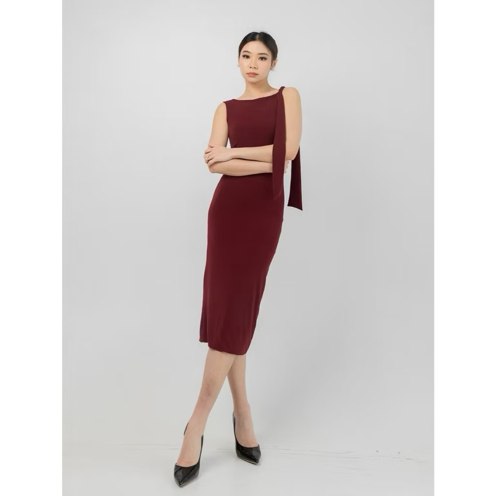 Jane Midi Dress Bodycon Gaun Maroon Merah Natal Imlek Sincia Tahun Baru Maxi Gaun Wanita Terbaru Can