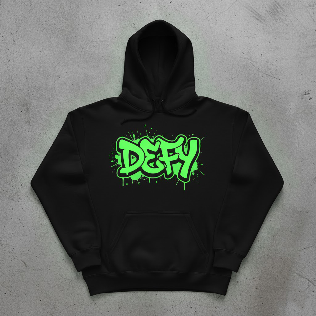 Hoodie DEFY Logo Graffiti Splatter Neon Green [Streetwear Distro] | Jaket Sweater Oversize Pria Aest