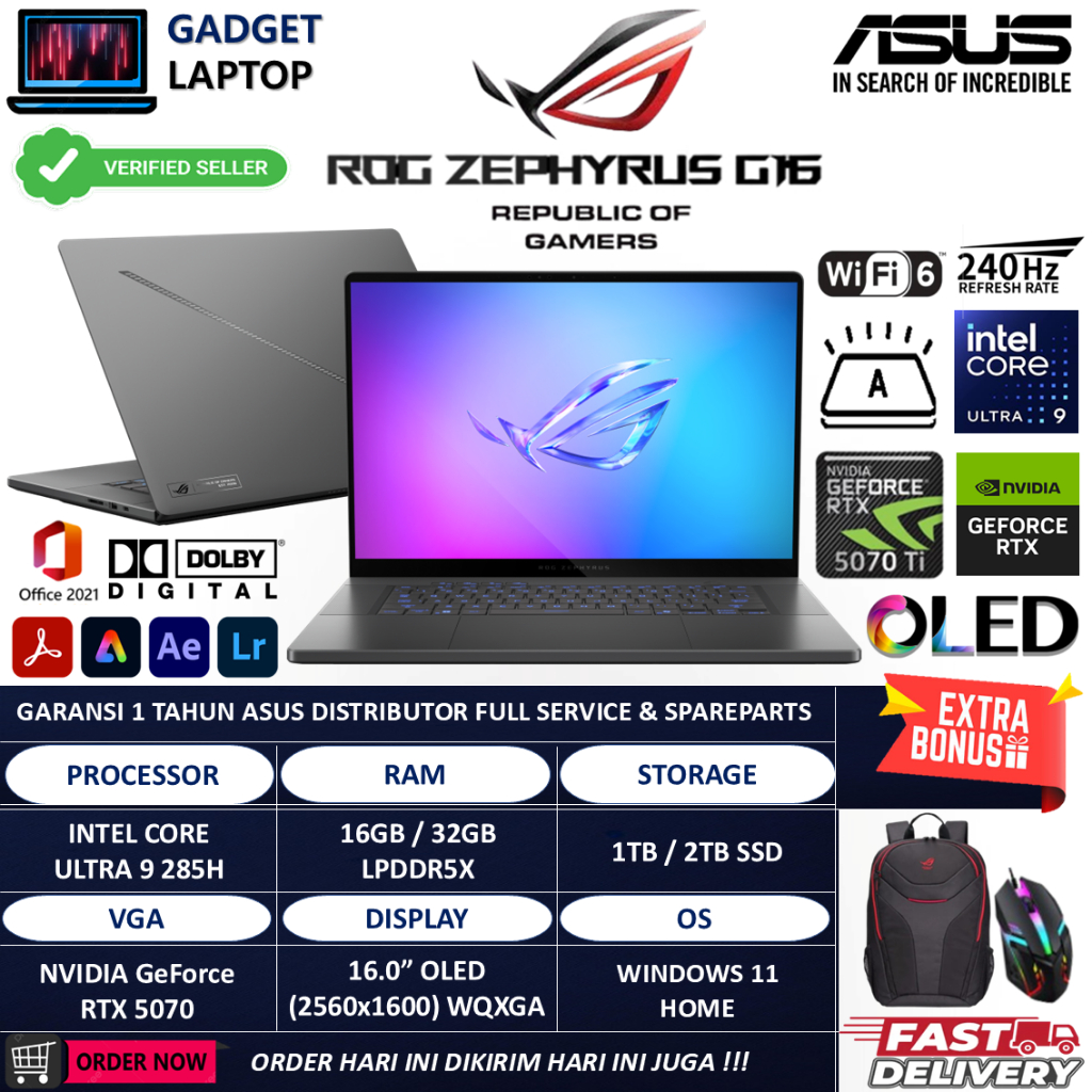 ASUS ROG ZEPHYRUS G16 OLED GU605CP ULTRA 9 285H RTX5070-8GB 16GB 2TB 16.0 OLED WQXGA 240HZ Win11