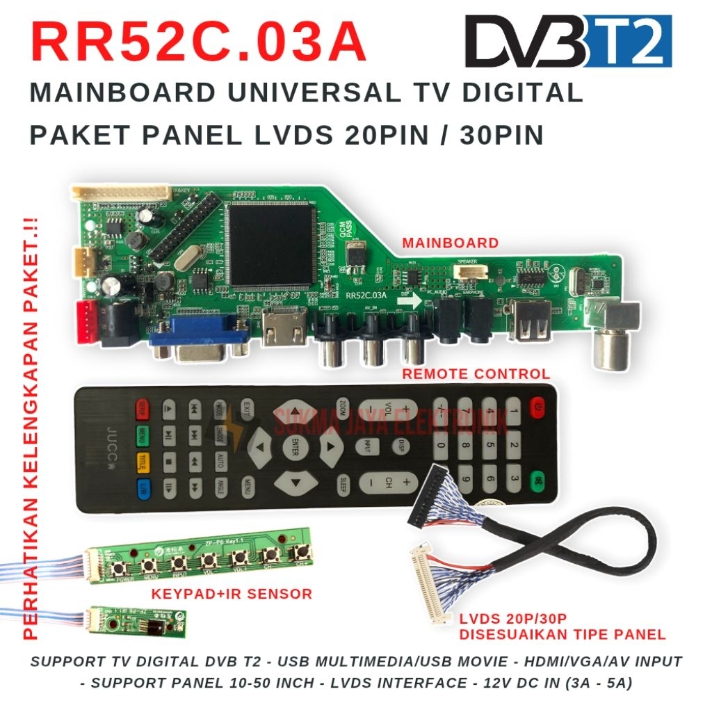 Paket Panel LVDS 30 Pin Mainboard TV Digital DVB T2 Board Mesin Universal Televisi LCD LED Controlle