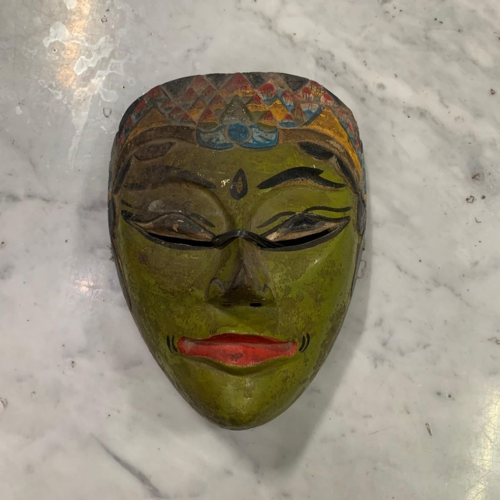 Topeng Ukir Kayu Wayang Panji Hijau Lawas Jadul Tua