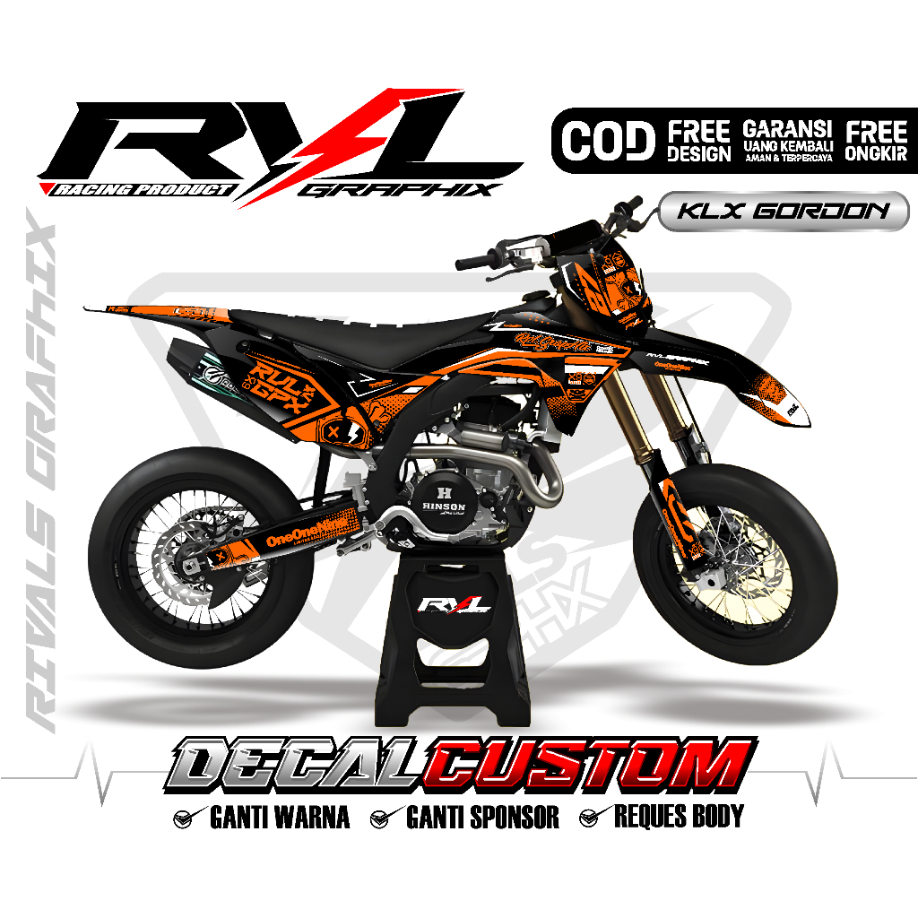 decal custom  klx gordon 150 supermoto full body terbaru  orange hitam
