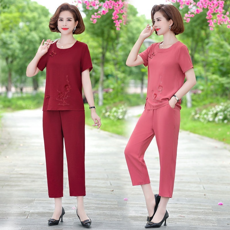 Ibu kecil gaun tua gaun musim panas nenek gaun setelan 60-70 tahun katun lengan pendek T-shirt longg