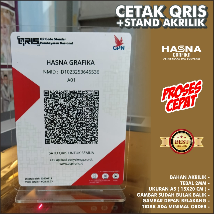 Akrilik Qris Ukuran A5  tebal 2mm (sehari LANGSUNG JADI) / CETAK QRIS PLUS DUDUKAN / STAND AKRILIK Q