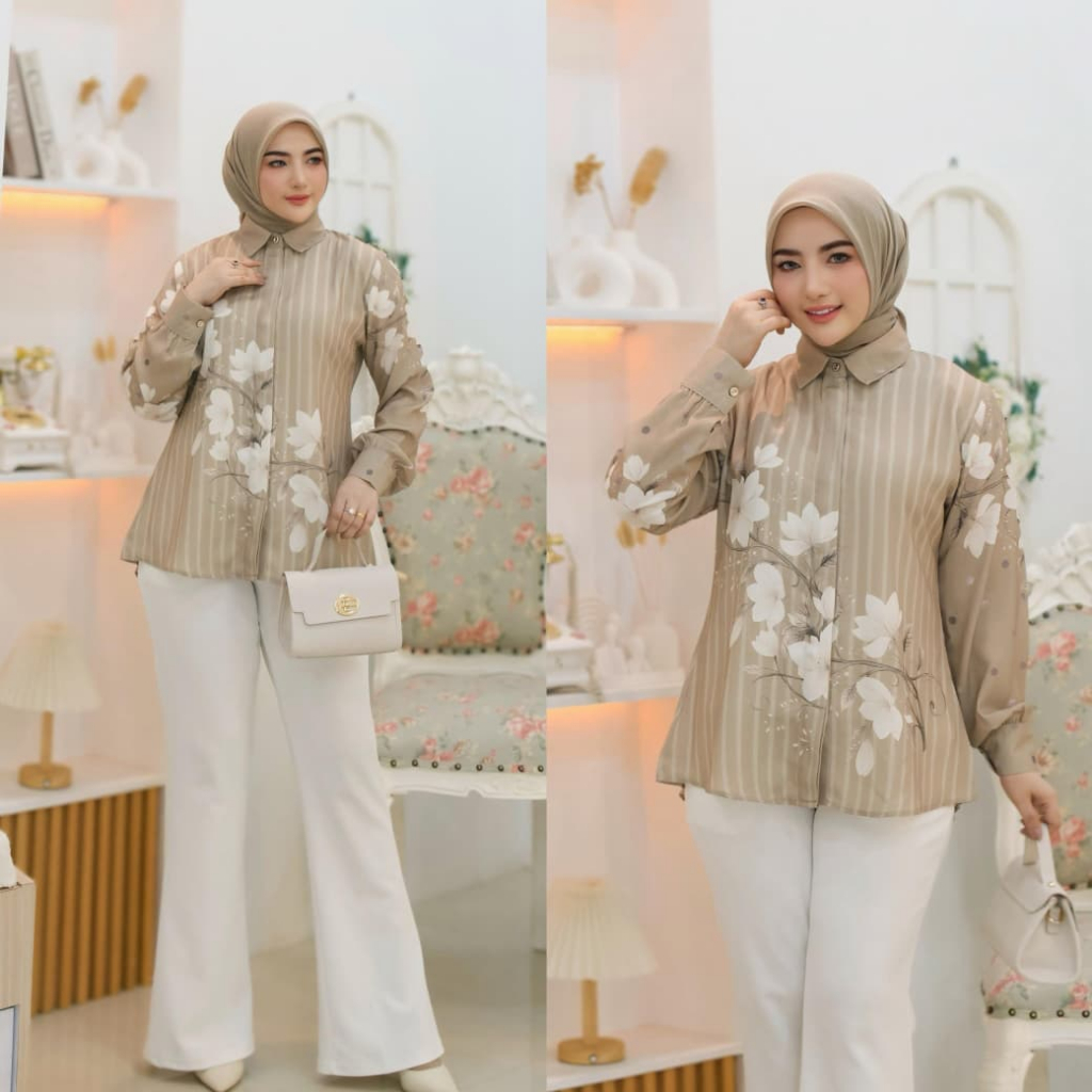 Kemeja Wanita - Hawa Blouse Printing - Kemeja Silk Motif - Kemeja Atasan Lengan Panjang - Kemeja Mot