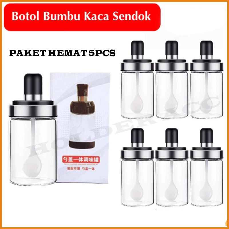 Paket Hemat 5 Pcs Toples Bumbu Kaca Mini + Sendok Dapur Garam Gula Dan Kopi serbaguna