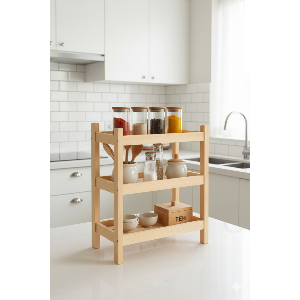 Rak Kayu 3 Susun Multifungsi — Rak Bumbu Dapur / Rak Kosmetik Meja Rias / Rak Minimalis Estetik