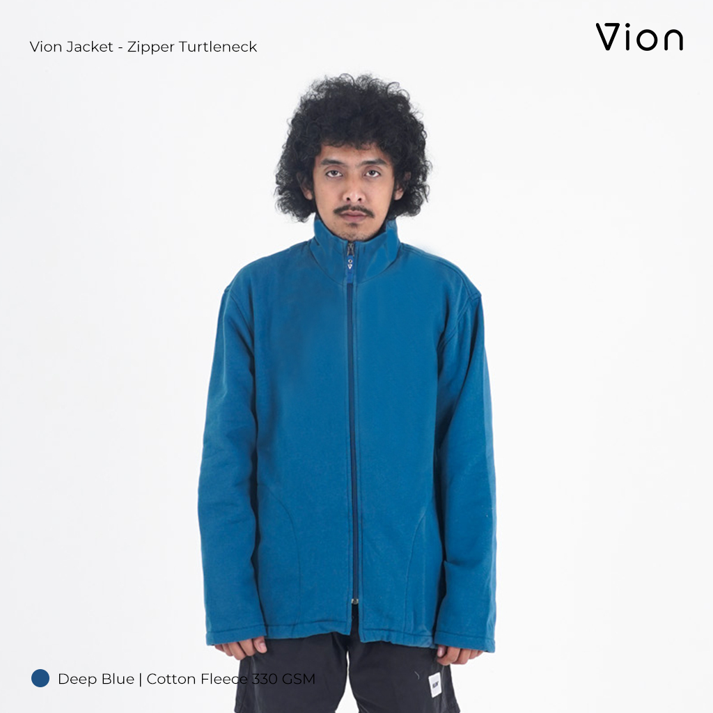 Vion Explorer High Neck Jacket - Jaket Zipper Turtleneck Pria Cotton Fleece 330 GSM Deep Blue
