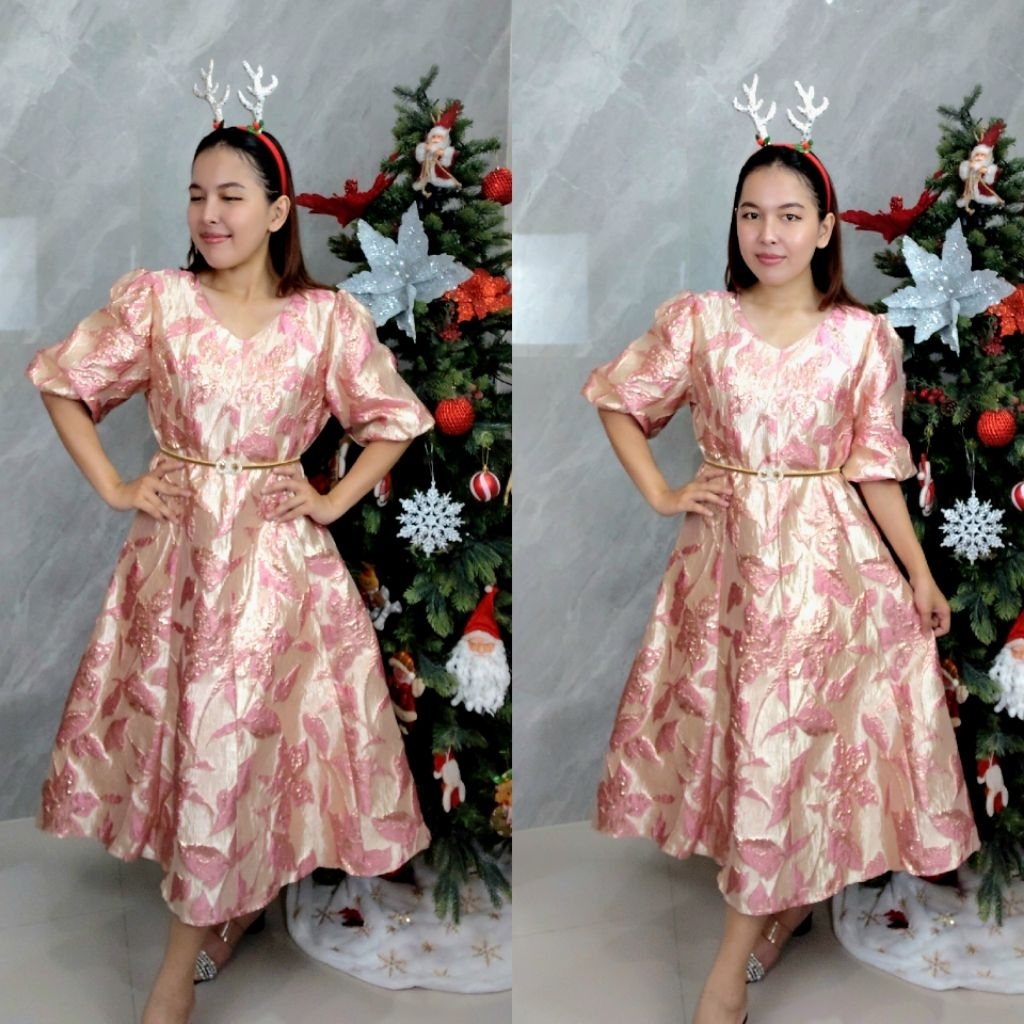 Dress Jaguard Lengan Balon [PINK] 71254/Dress Pesta Leher V/Dress Formal RumahButikBellicia