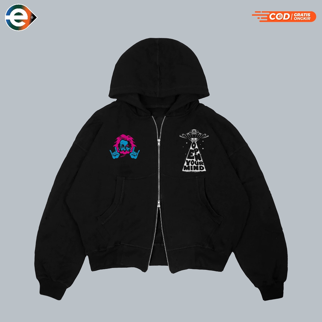 Ents - hoodie oversize boxy double zipper pria wanita hoodie warna hitam unisex