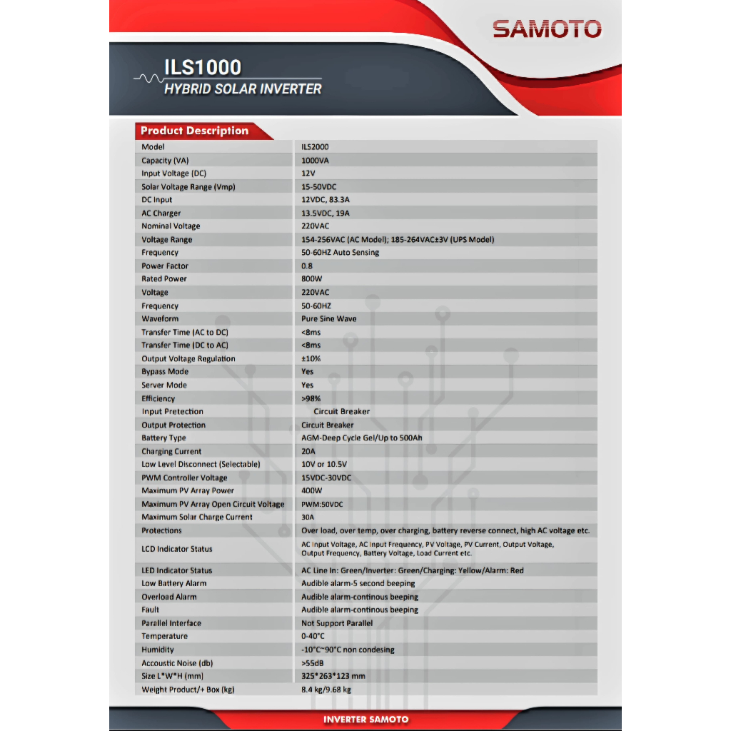 Samoto Hybrid Solar Inverter IHS5500 5,5 KVA / 5500 W 48 VDC Max 5500 WP MPPT 60 A 120 VDC - 430 VDC