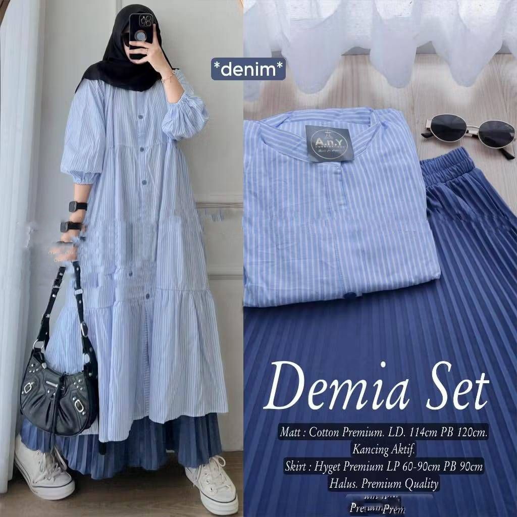 Polan Demia Set Rok Atasan Long Tunik Katun Cotton Garis Cantik Bawahan Plisket Polos Baju Setelan W