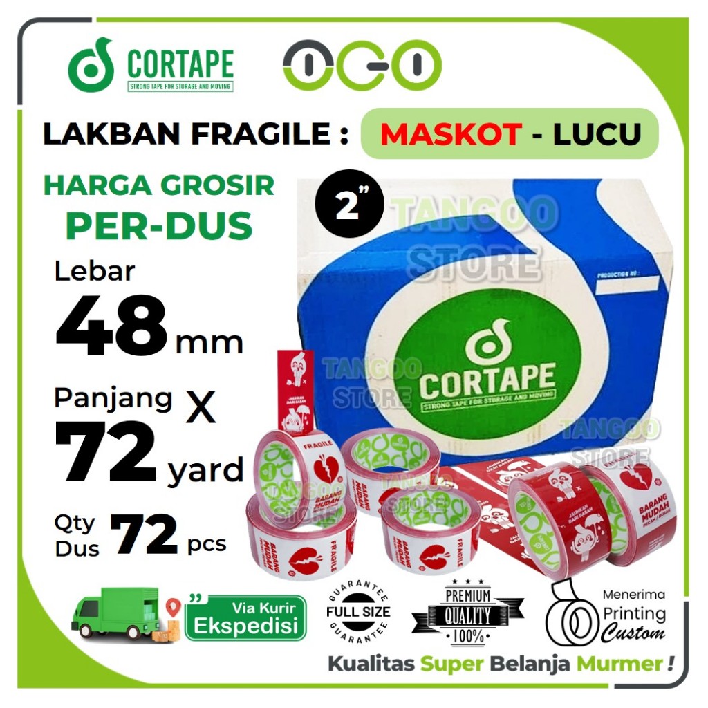 Lakban Selotip Cortape Fragile Unboxing Maskot - Merah 48mm x 72yard 2inch Harga PerDus 72pcs -Kargo