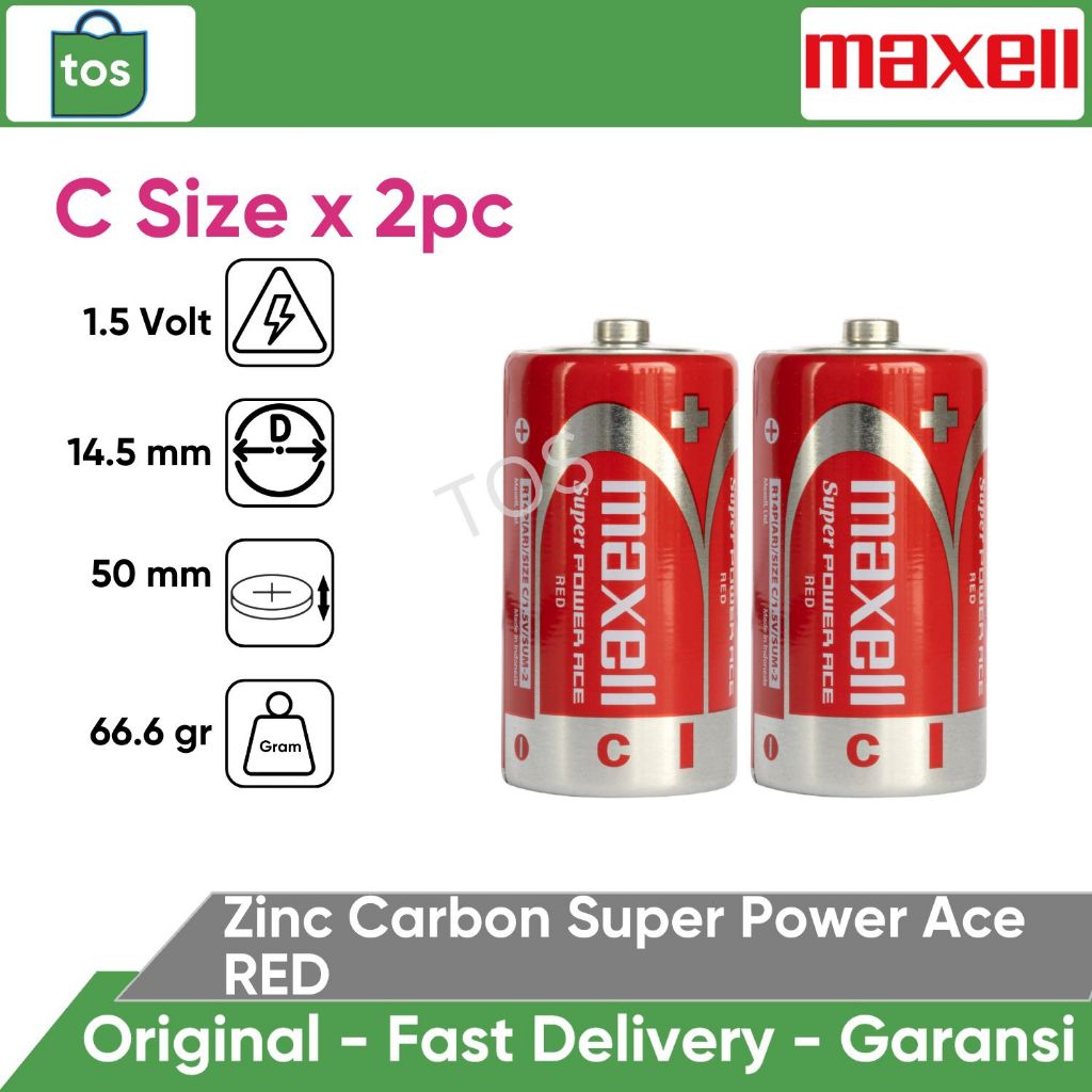 Maxell Battery Seri Zinc Carbon C (R14) Size Baterai Zinc Carbon Size C (R14) Battre Super Ace Merah