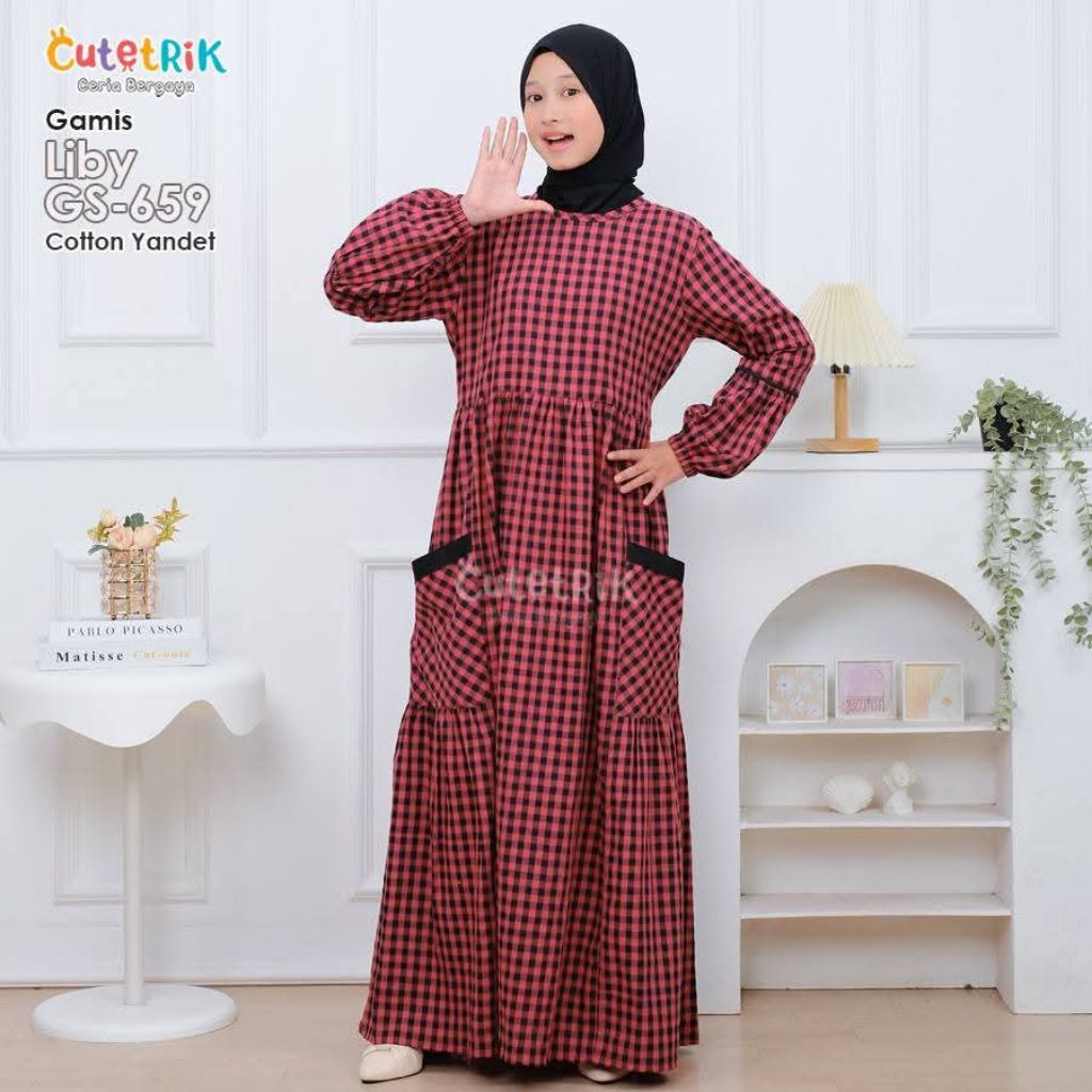 KOREAN STYLE ~ BAJU CUTETRIK GAMIS ANAK MODEL KOREA CANTIK NEMA AZNA ZEVA PINK MOTIF KOTAK KOTAK TER
