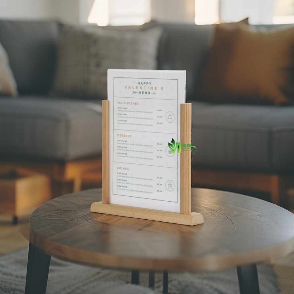 Stand Menu Kayu Jati Belanda – Holder QRIS, Kalender, & Nomor Meja Cafe