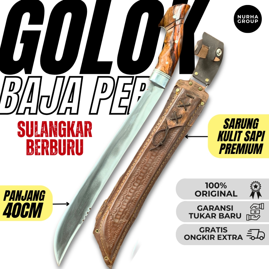 Nurha Group | Golok Baja Per Sulangkar Berburu  – Full Tang Tajam Siap Pakai Sarung Kulit Premium