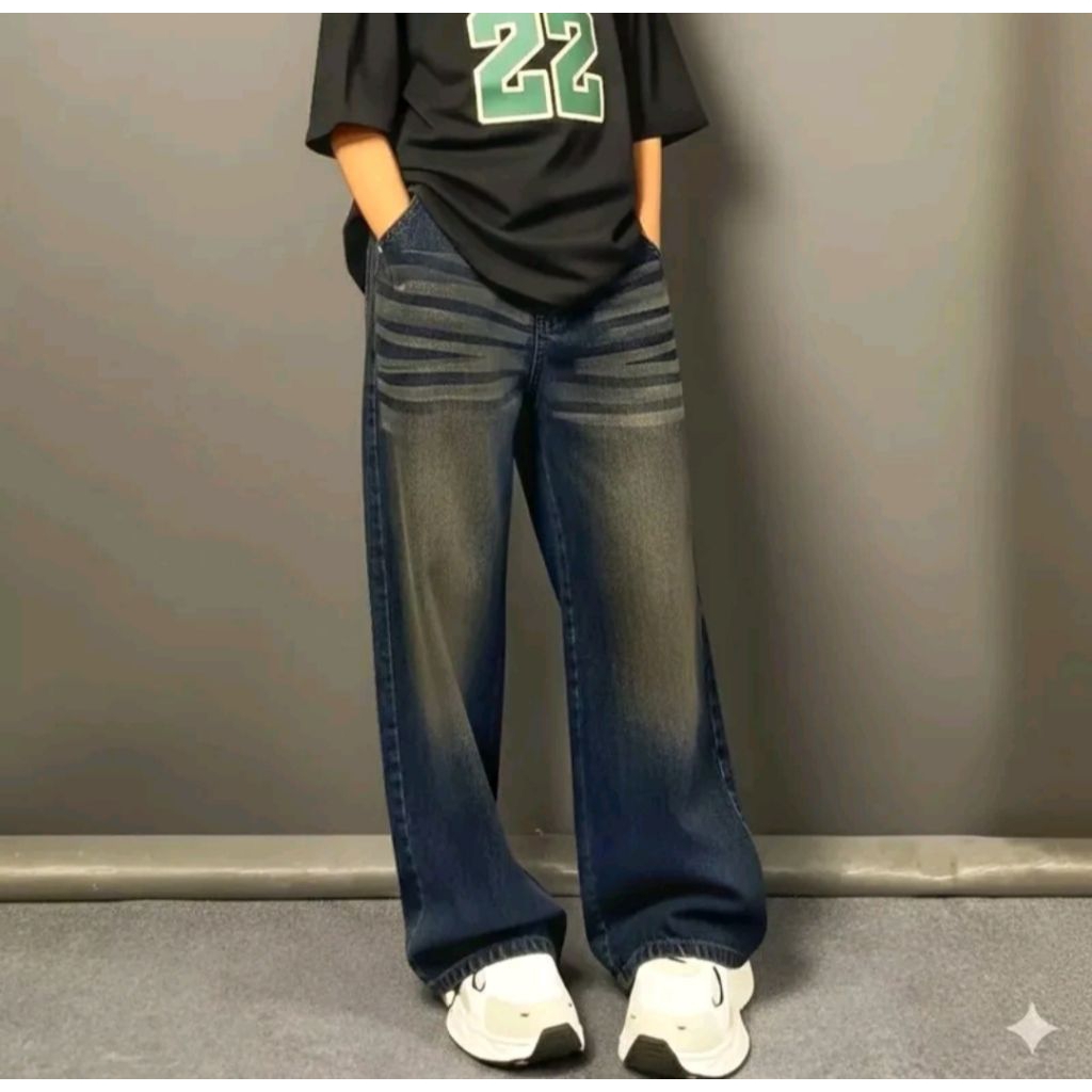 Unisex Celana Skena Anak Laki Laki Jeans Panjang Baggy Loose Gombrang Korean Style Polos Hitam