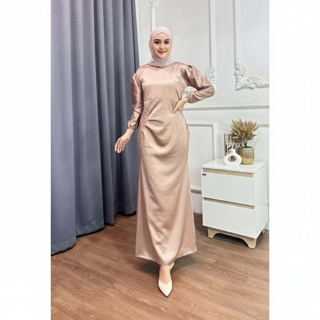 Dress Panjang Muslimah Warna Mocca - Gamis Elora Formal Satin