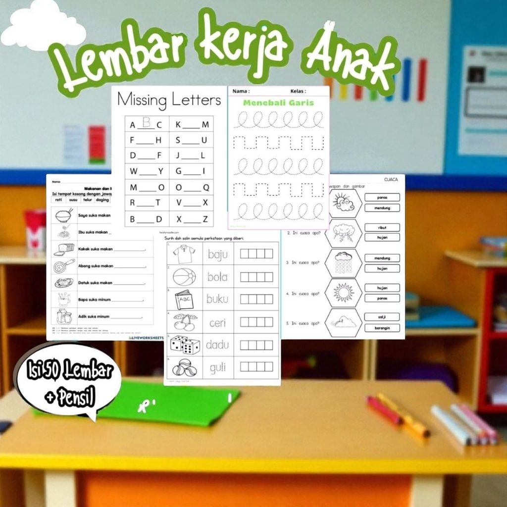 50 lembar worksheet/Lembar kerja anak/anak TK/Anak SD bonus pensil 2b
