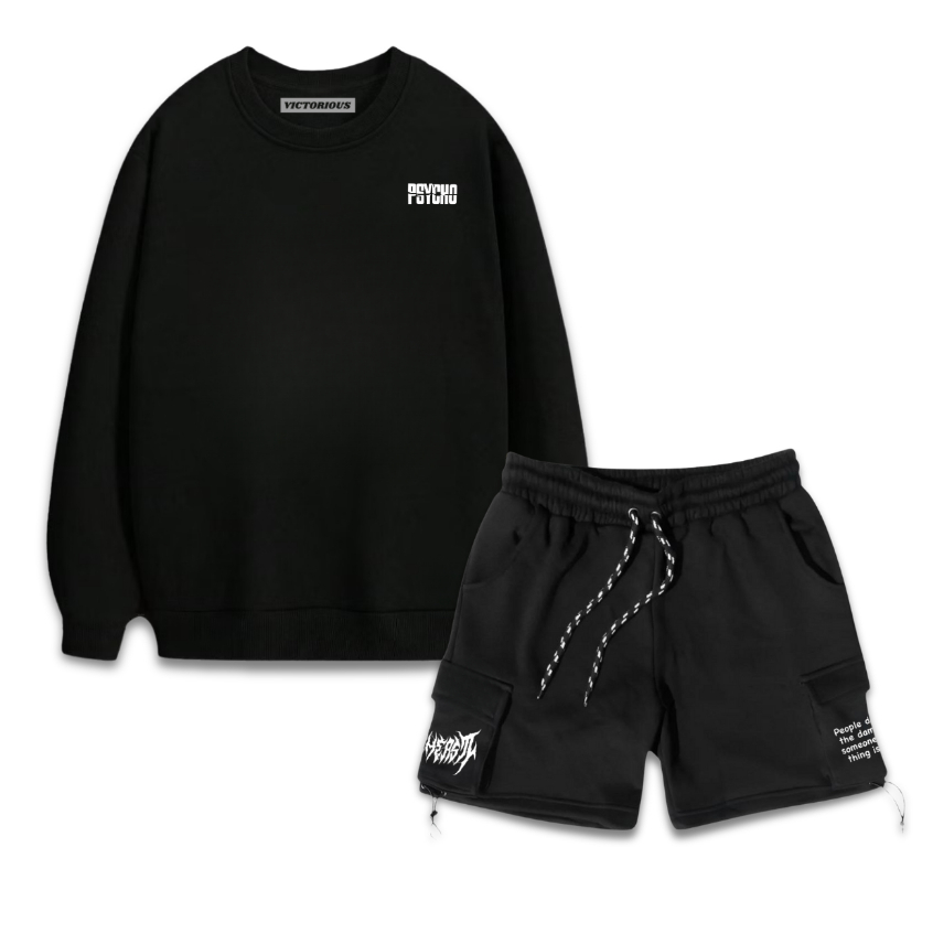 Victorious Style Paket Setelan Satu Set Swetear Crewneck + Celana Cargo Pendek Hitam Terbaru Distro 