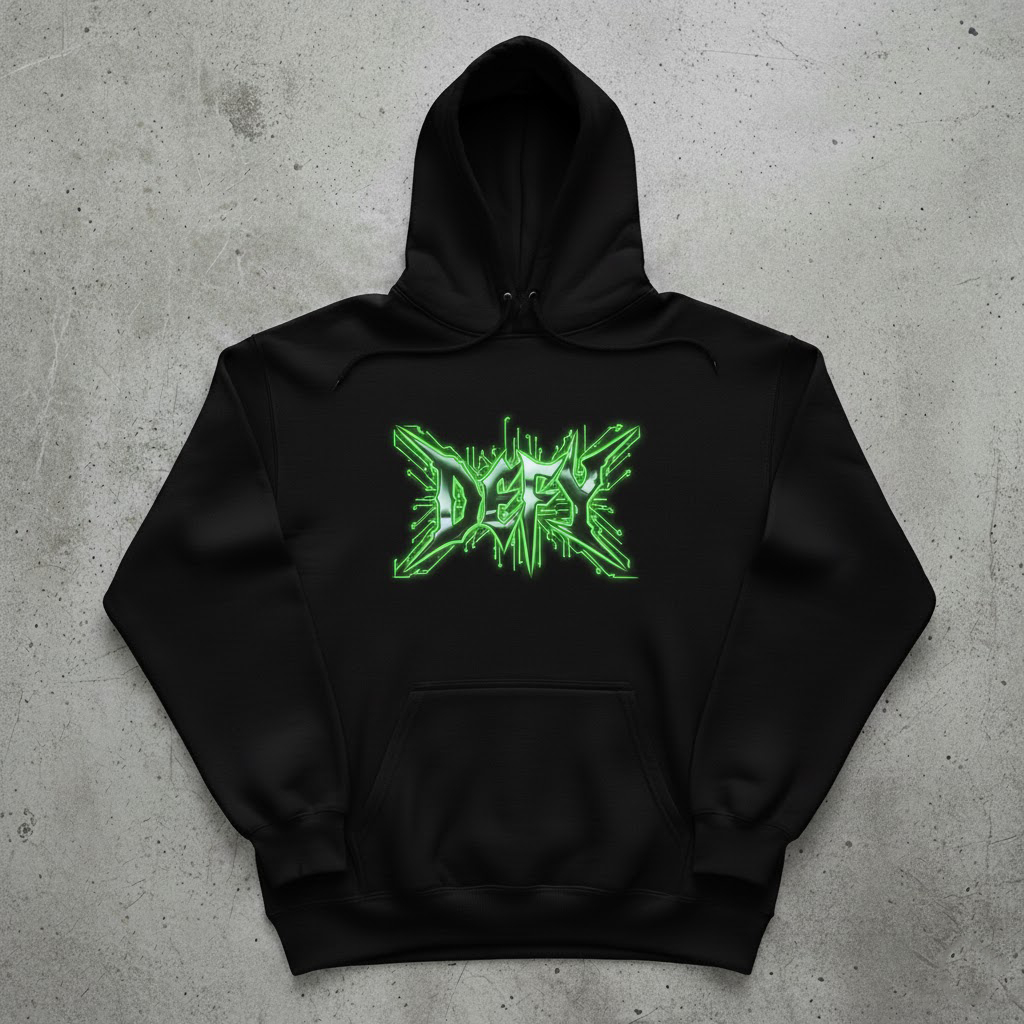 Hoodie DEFY Cyberpunk Circuit Board Neon Hijau Jaket Pria Oversize Streetwear Distro