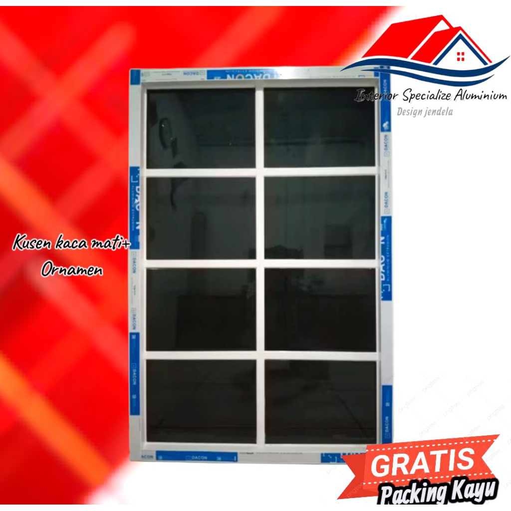 Kusen Jendela Aluminium Kaca mati + Ornament UK, L80 x T120 Free Packing kayu