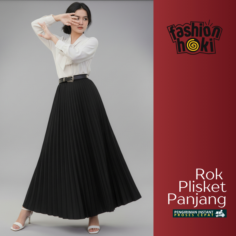 Rok Plisket Hitam Putih Panjang Premium Bahan Hyget Muslimah Hijab Friendly Trend Terbaru Kekinian F