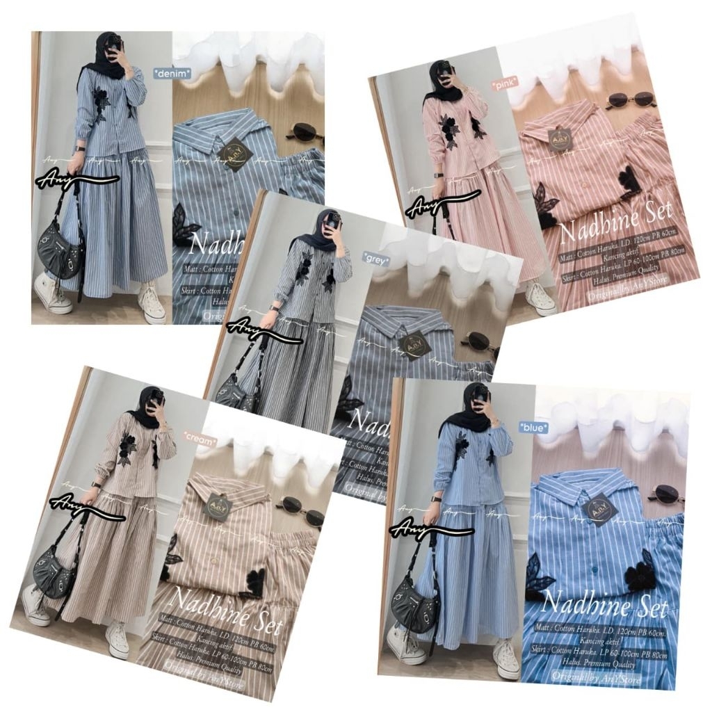 nadhine one set rok jeans by A.N.Y kemeja stripe baju kemeja wanita one set wanita kekinian rok panj