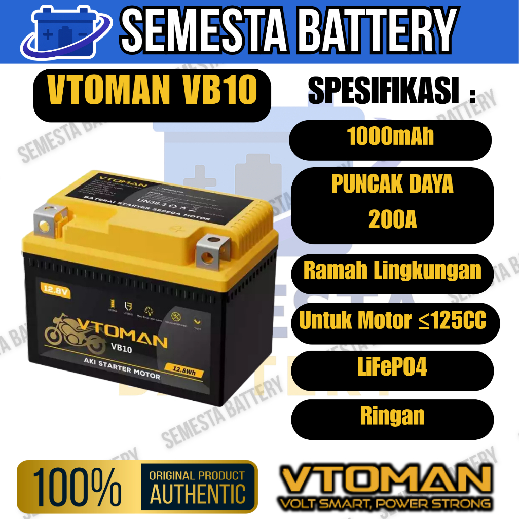 Aki Motor Lithium VTOMAN VB10 - Garansi 18 Bulan - Cocok untuk Honda Beat, Vario, Scoopy, Supra X 12