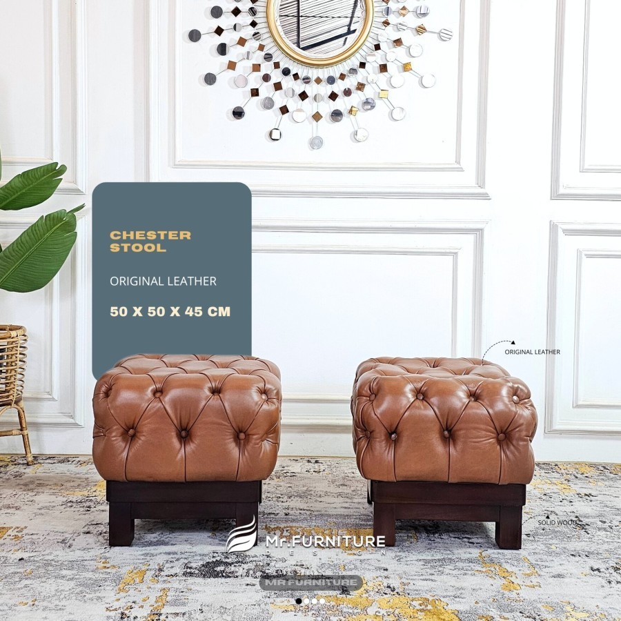 kursi stool kayu jati kulit asli 50x50x45 cm