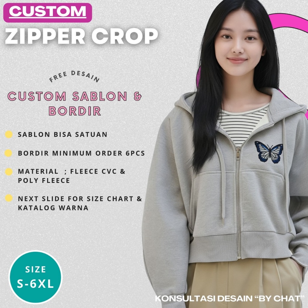 Hoodie Crop Zipper Custom Bordir | Bahan Fleece Premium Tebal 280gsm | Free Konsultasi Desain & Bisa