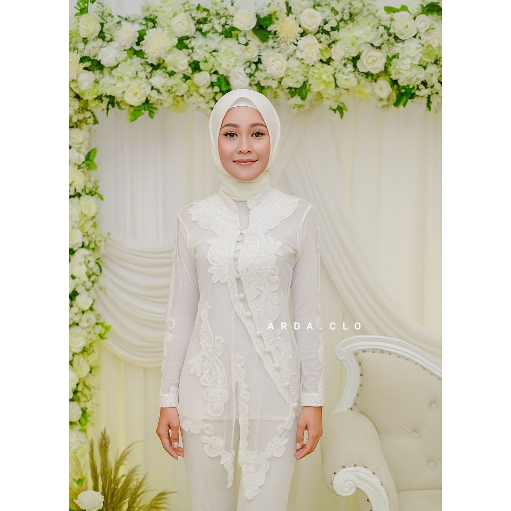 BAJU KEBAYA MERAK GEULIS BORDIR KOMBINASI PAYET / KEBAYA AKAD PUTIH / KEBAYA PENGANTIN MUSLIM